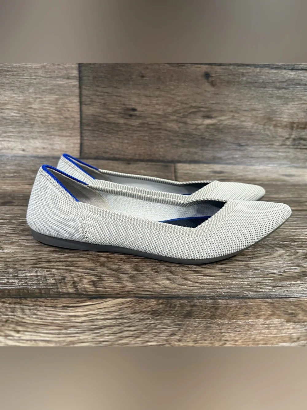 Rothy's Pointed Knit Flats in Light Gray with Blue Trim